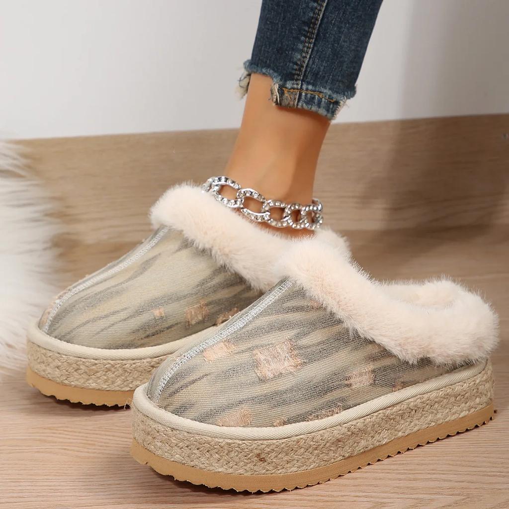 Модные женские меховые тапочки Теплые ботинки Платформа Шлепанцы Балетки Домашняя хлопковая обувь Замшевые мюли Женские ботинки Слайды Женская зимняя обувь