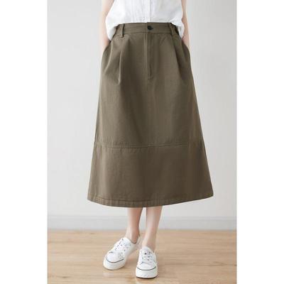 2025 Новая женская японская рабочая юбка миди - А-силуэт, чистый хлопок, полуэластичная талия, летний стиль.