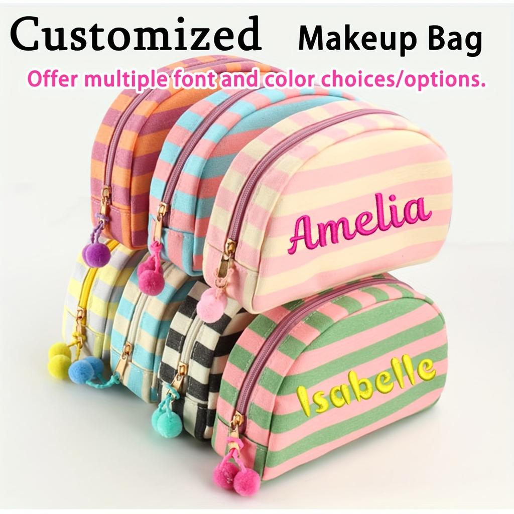 Custom Embroidered Striped Makeup Bag Personalized Colorful Travel Toiletry Organizer Bridesmaid Holiday Essentials Pouch