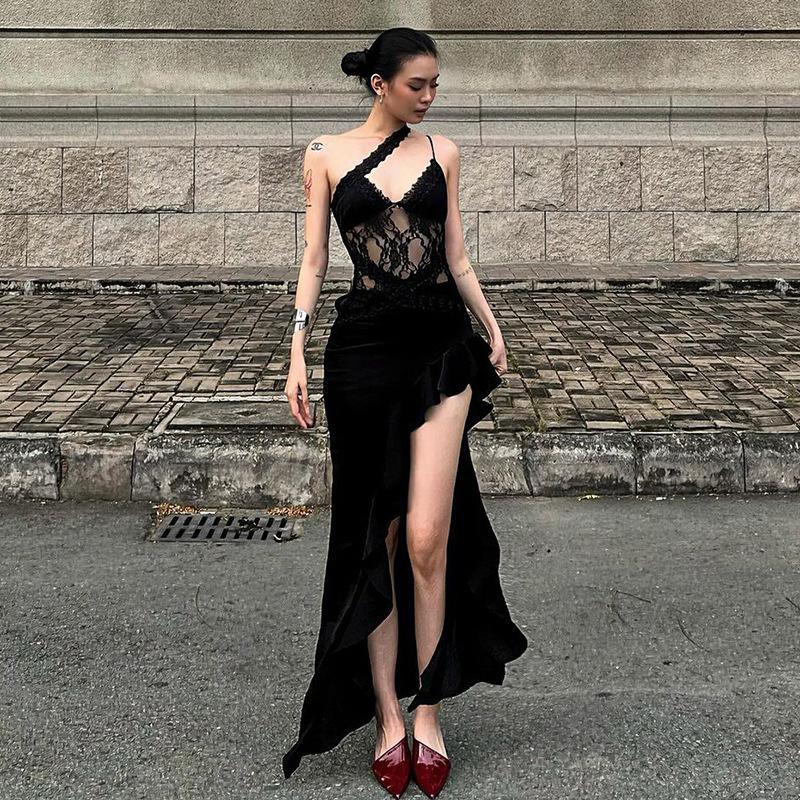 Сексуальное платье-слинг с косым воротником, женское кружевное лоскутное платье с открытой спиной и рукавами, облегающее длинное платье 2025 года, новое женское вечернее платье с оборками и разрезом