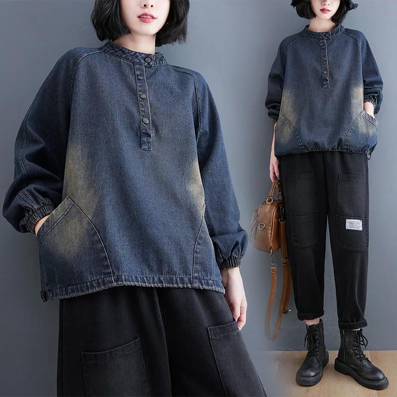 Женская весенняя свободная толстовка из денима в стиле ретро с литературным принтом, темперамент, повседневные топы с завязками на подоле