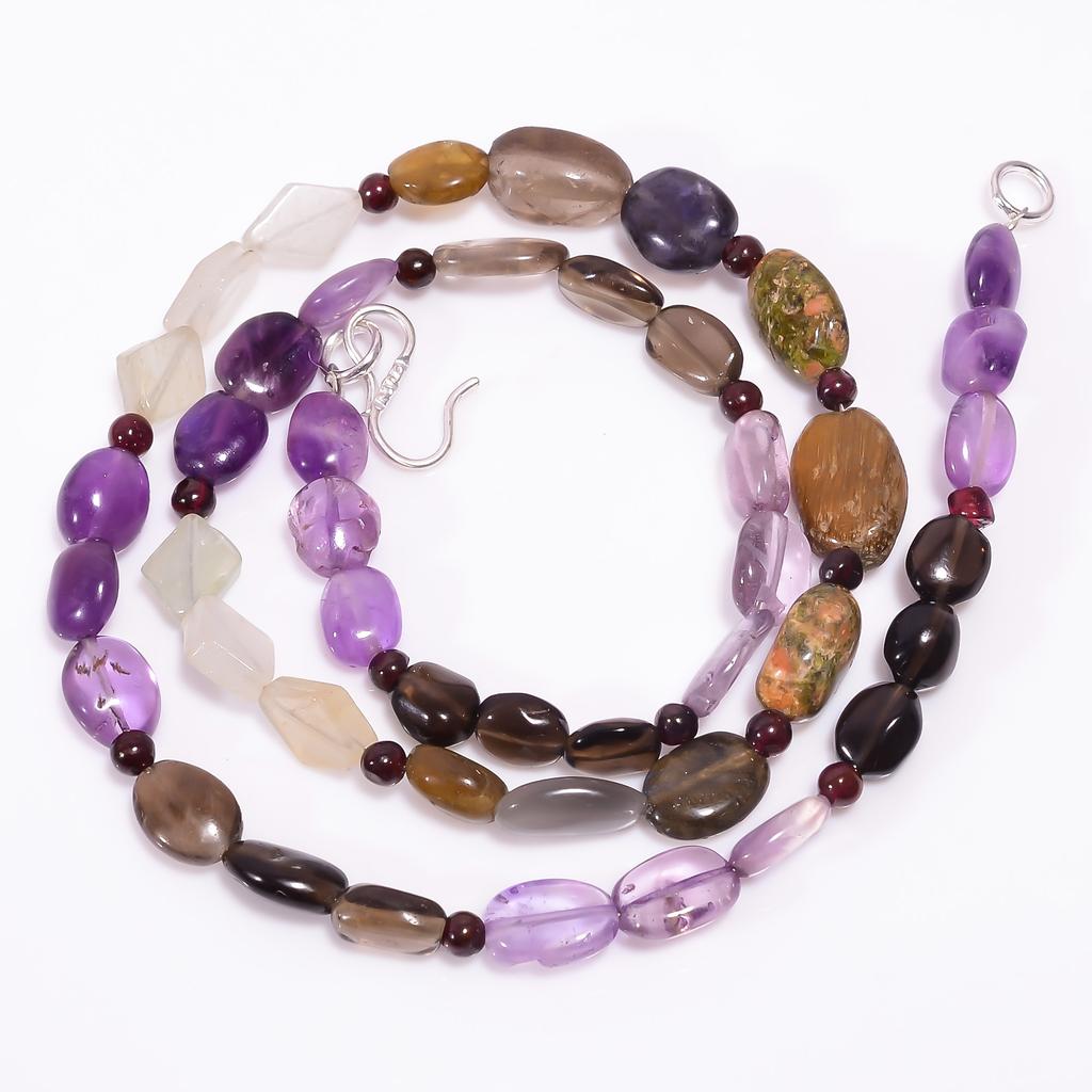 Natural Smoky Quartz Amethyst Unakite Gemstone Beads Necklace 3-6 Mm 18" UB-7987 UB-7987
