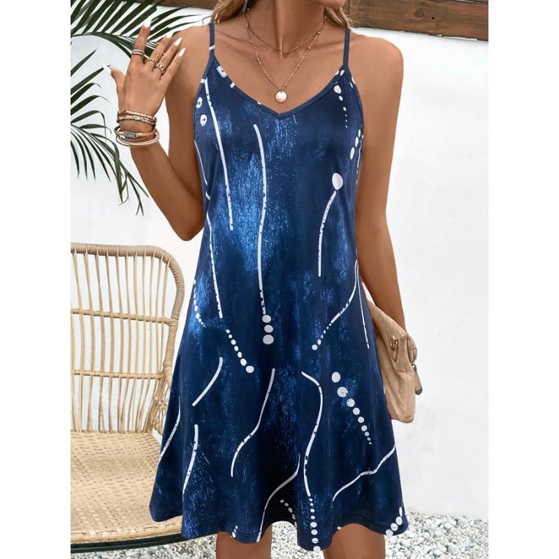 Платье на бретельках с геопринтом, повседневное платье без рукавов на весну и лето, женская одежда