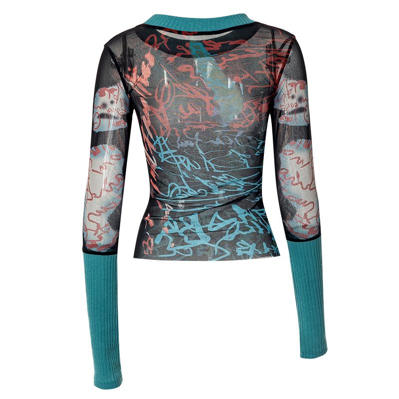 Y2K сексуальные кружевные сетчатые прозрачные футболки с готическим принтом с длинным рукавом трикотажные топы в стиле пэчворк винтажные женские летние уличные модели