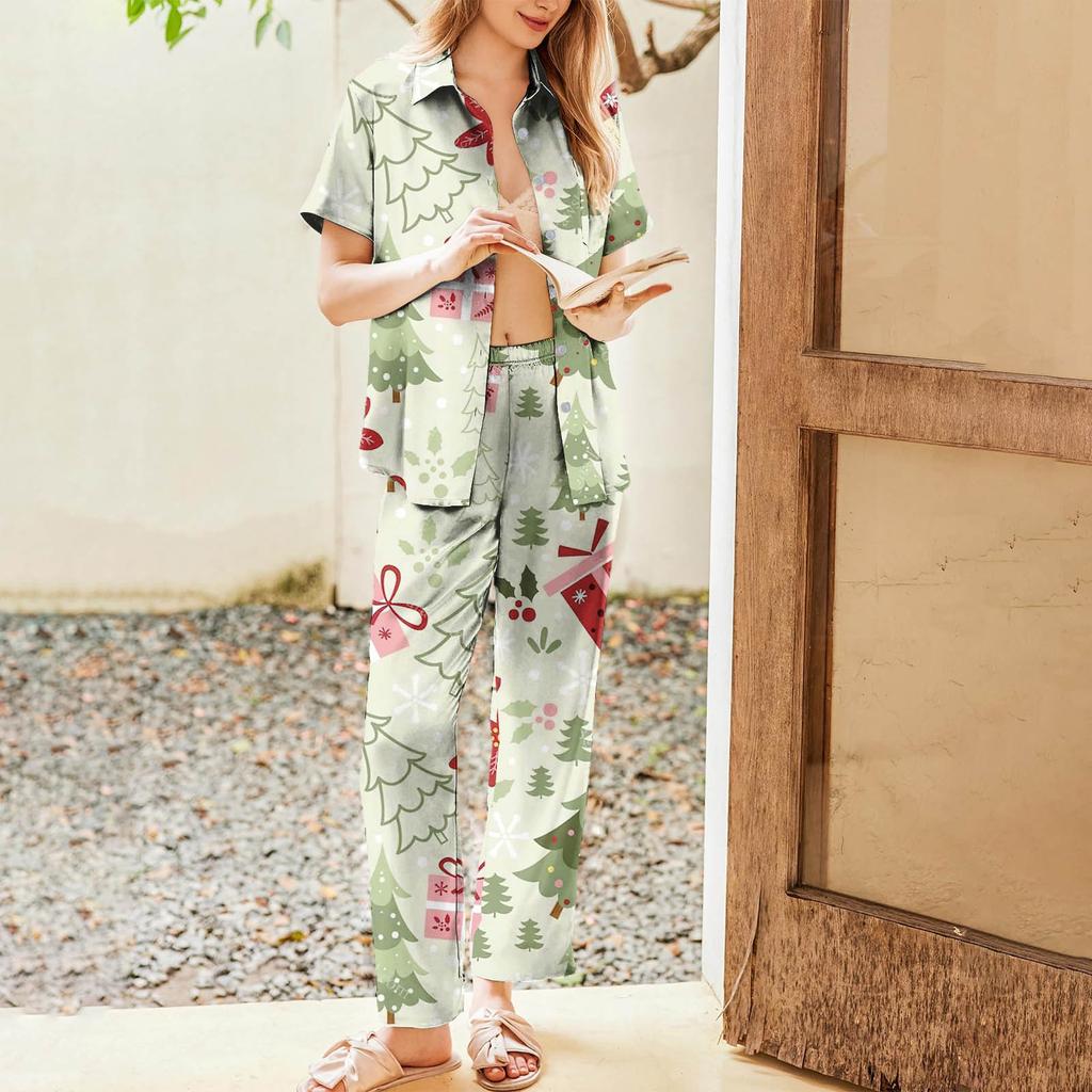Женский рождественский пижамный комплект с принтом, женские короткие рукава, длинные брюки, комплект из двух предметов, застегивающийся на пуговицы, домашняя одежда