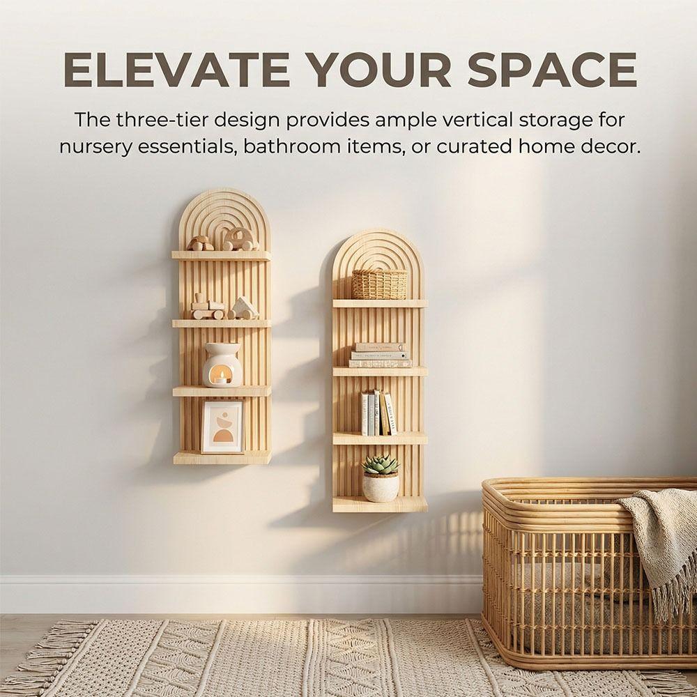 4-Tier Design Wooden Wall Shelves Minimalist Boho Style Rack Arched Floating Shelf  Home Decor