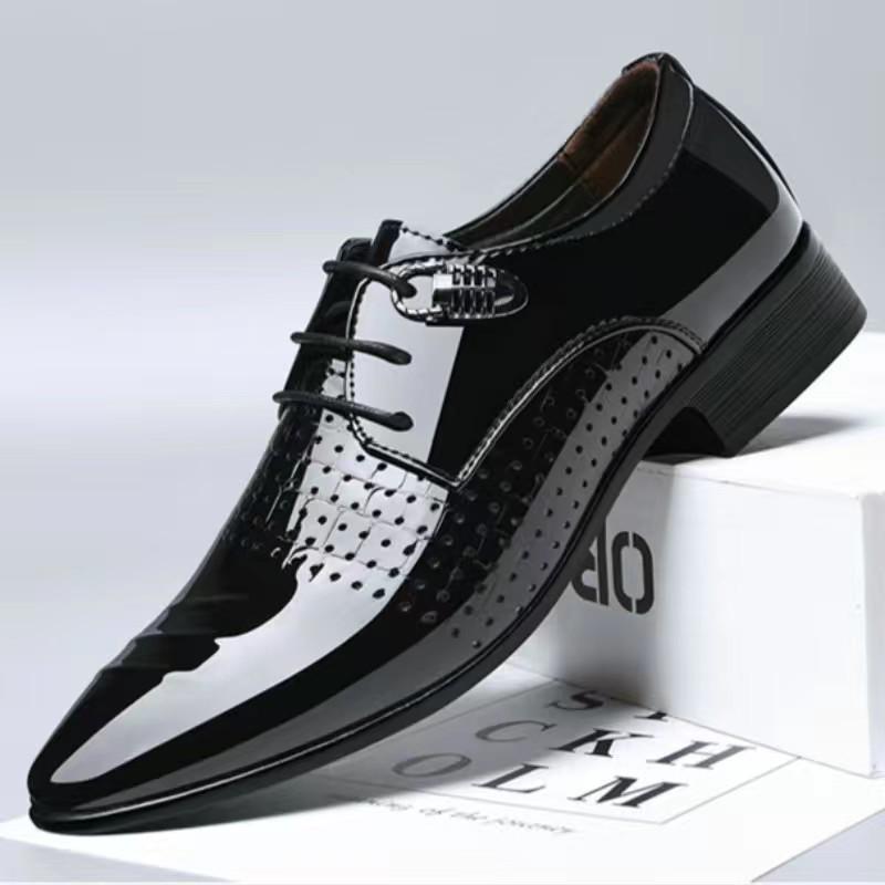 Leather Shoes Men's Business Formal Wear Bright Surface Breathable Hollow Pointed Toe Casual Leather Shoes Youth Wedding Shoes