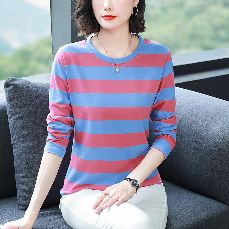 Осенняя одежда для мам среднего возраста, свободная хлопковая футболка с длинным рукавом больших размеров, женская осенняя одежда, майки с полосатыми топами