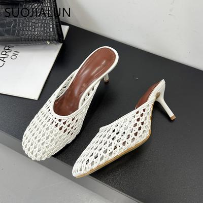 Модные SUOJIALUN 2025 Новые брендовые женские тапочки Дамские элегантные с круглым носком Слипоны Мюли Обувь Модная плетеная Тонкий высокий каблук Уличные нарядные сандалии