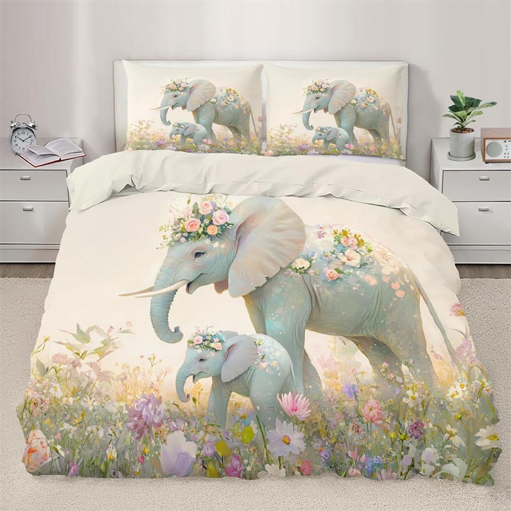 Elephant Quilt Cover Set with Zip, African Elephant Duvet Cover Set with Pillowcases Bedding Set Soft Microfiber Comforter Cover