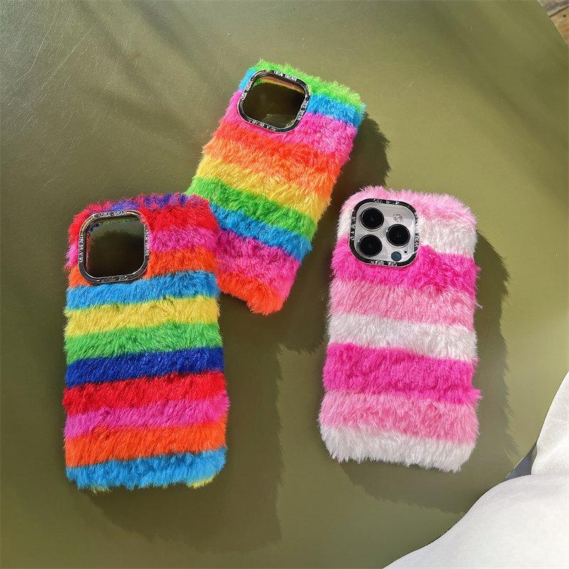 Зимний плюшевый Радужный чехол для iPhone 15, 14, 13, 12, 11 Pro Max XR XS XS Max 7 8Plus SE 2020, защитные чехлы от падения