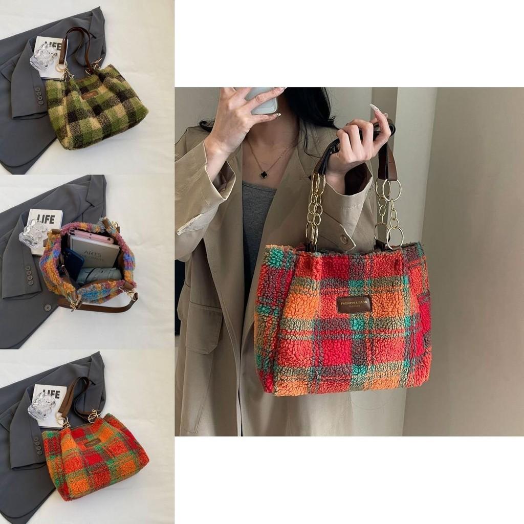 Stylish Red Purple Green Plaid Women's Canvas Shoulder Bag Perfect For Fall And Winter Outings
