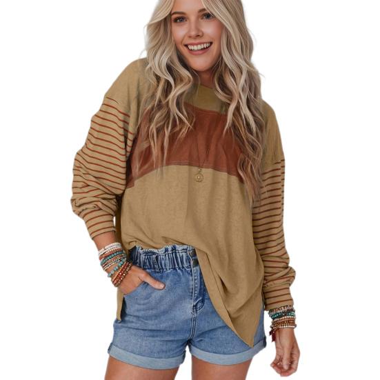 Женская футболка с круглым вырезом и длинным рукавом, контрастного цвета, свободный крой