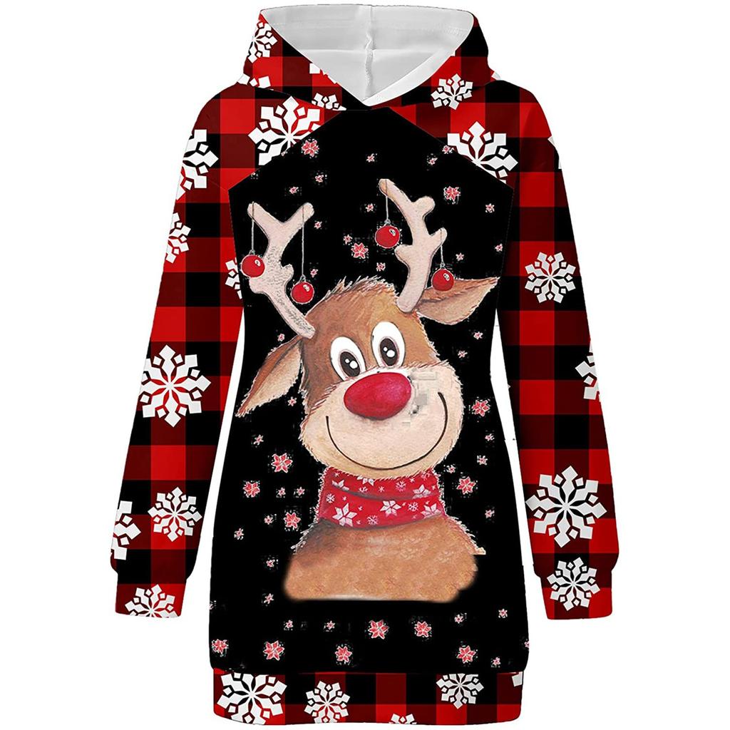 Fashion Womens Loose Christmas Plaid Snowflake Print Long Sleeve With Hooded Dress