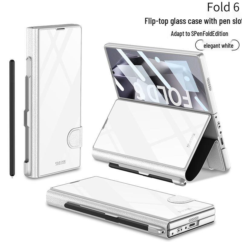 Кожаный чехол-книжка Samsung Z Fold 6 со слотом для стилуса и стеклянной крышкой – Стильный и деловой.
