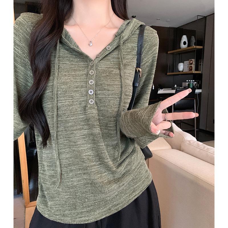 Women S Casual Lazy Style Hooded T Shirt Button Henley Neck Long Sleeve