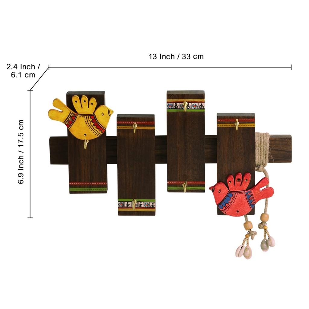 Держатель для ключей Птицы на досках, Birds on Planks Wooden Key Holder (6 Hooks), ExclusiveLane