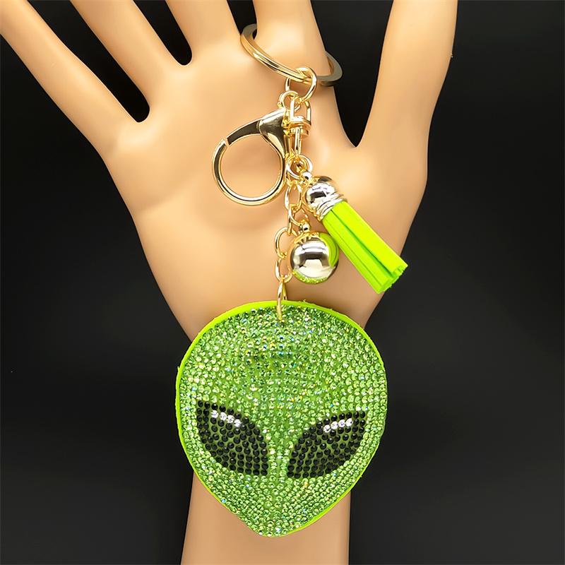 Alien Head Crystal Keychain for Women Men Green Tassel Gold Color Keyring Holder Car Bag Accessories Decorations Jewelry 8731