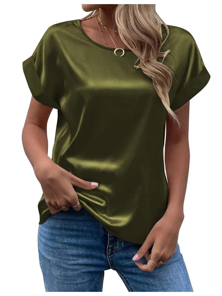 Spring and Summer New Women's Short Sleeve Satin Shirt Loose Casual Round Neck Colored Ding T-shirt Women