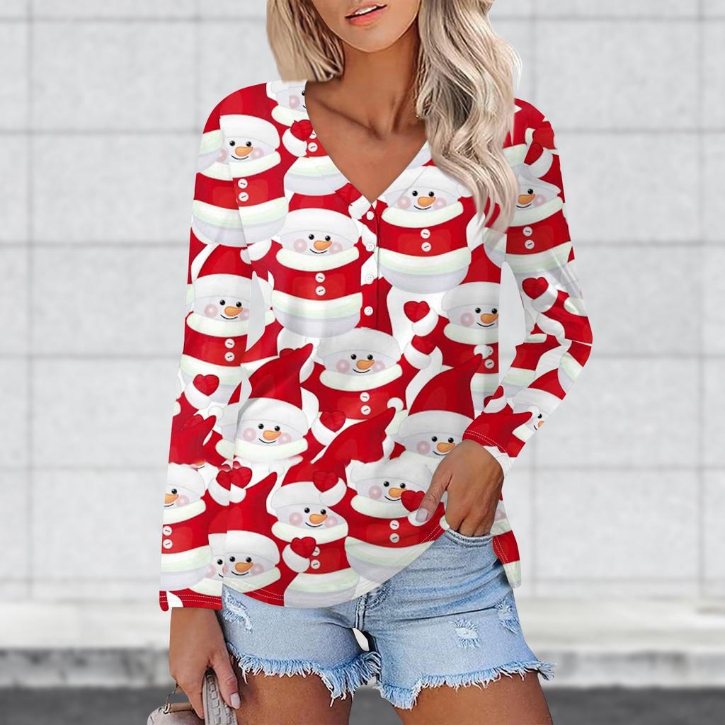 Women's Casual Fashion Sexy Comfort Christmas Prints V-Neck Button Long Sleeve T-Shirt Top