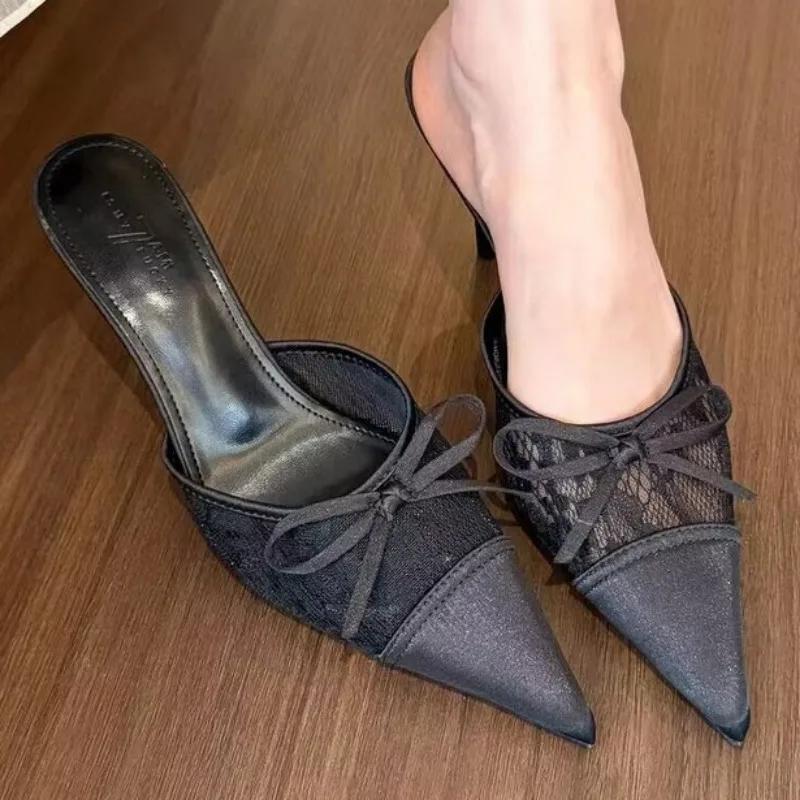 2025 Hot Sale Women's Shoes Closed Toe Women's Slippers Fashion Butterfly-knot Dress Slippers Women Summer Solid Heels Women