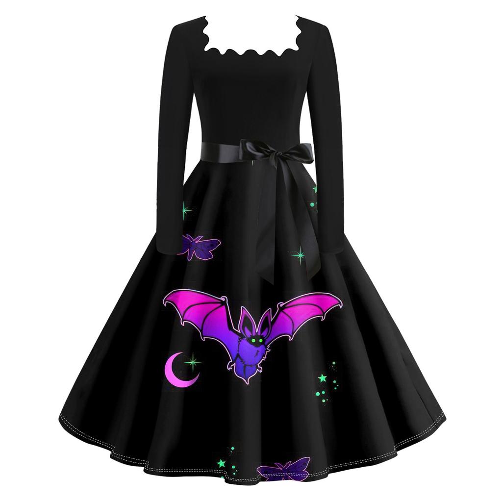 Женское повседневное модное винтажное платье с длинным рукавом и принтом на Хэллоуин