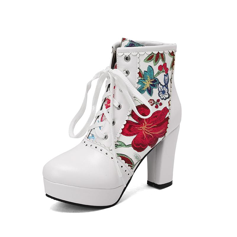 Женские ботильоны с круглым носком на толстом высоком каблуке и платформе с вышивкой на шнуровке разных цветов, женская модная зимняя обувь