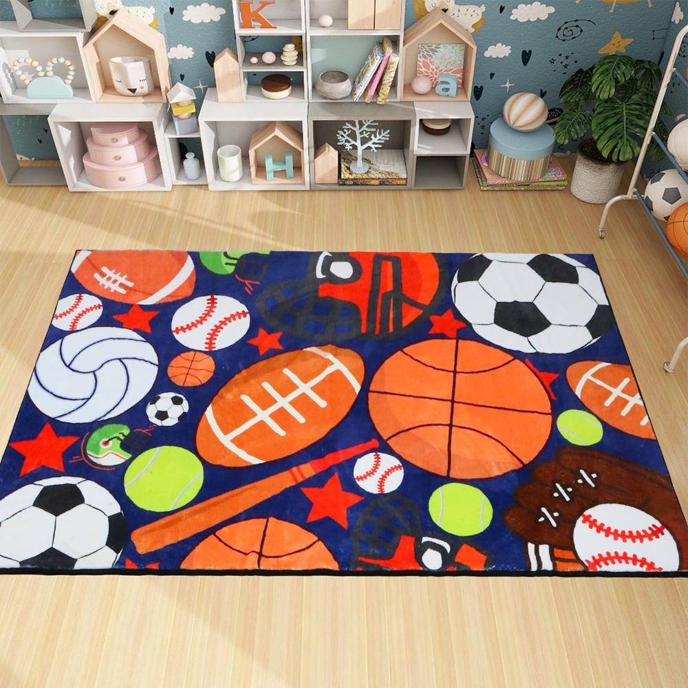 Soft Cozy Multi Sports Balls Printed Area Rug Non Slip Washable Floor Mat for Kids Room Bedroom Boys Sports Themed Home Decor