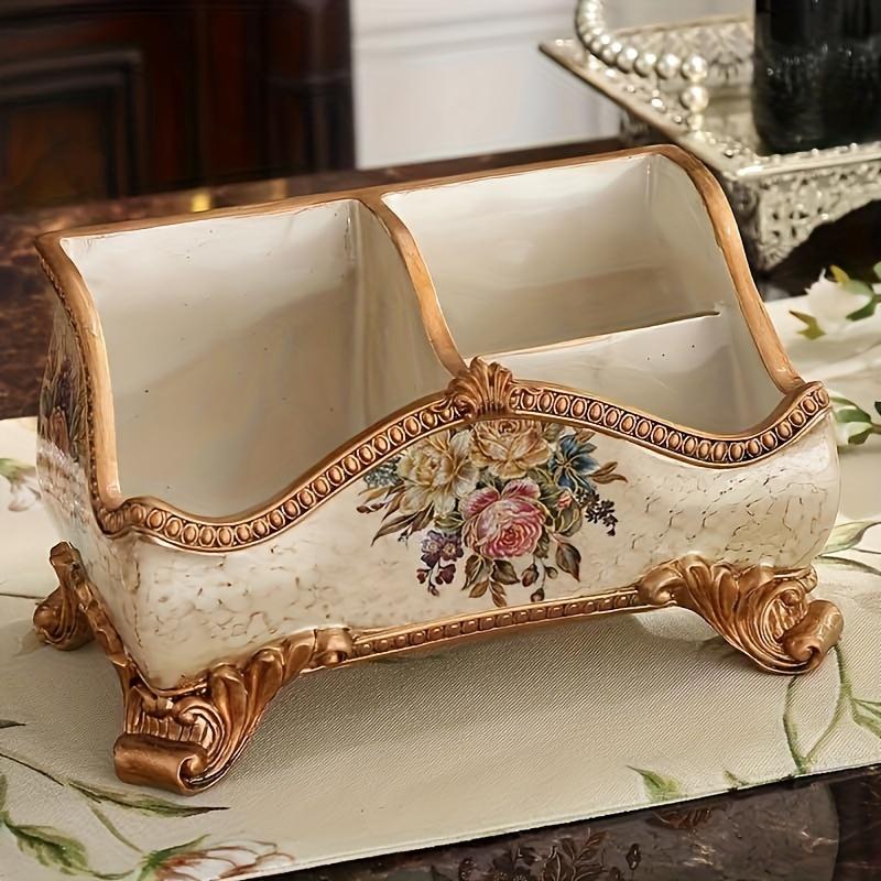 1PC Vintage Floral Pattern Resin Tray - Abstract Design Double Grid Remote Control Storage Rack and Desktop Organizer