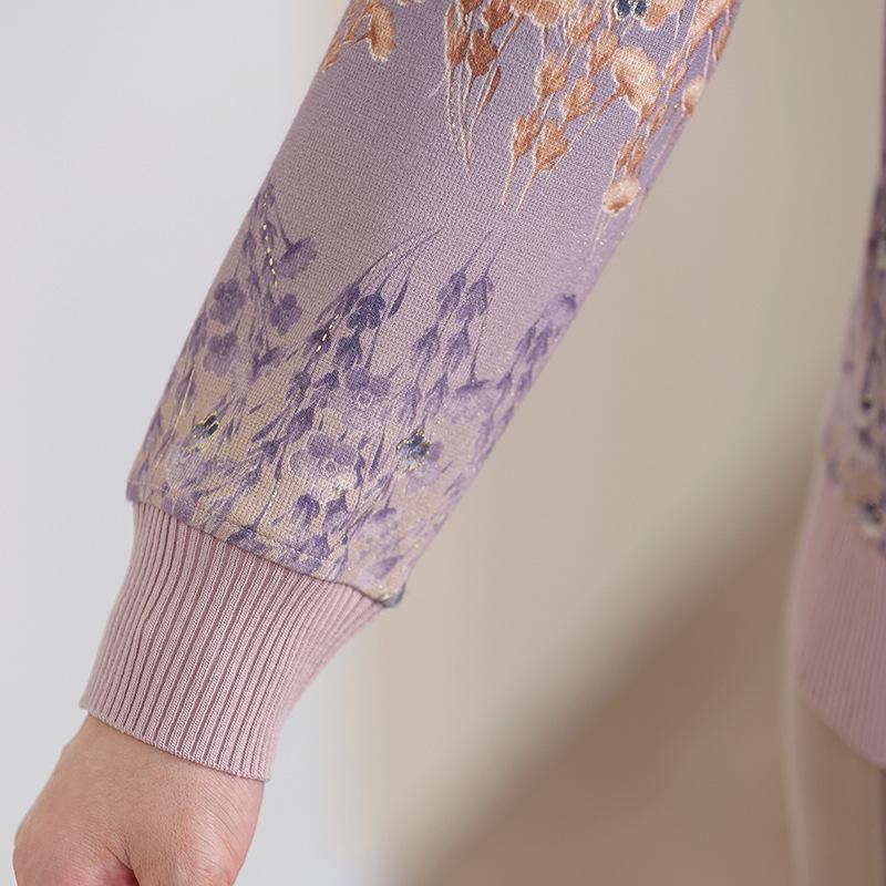 Женская осенняя вязаная футболка с принтом и лацканами - с длинным рукавом, свободная, модная, универсальная для женщин среднего и пожилого возраста