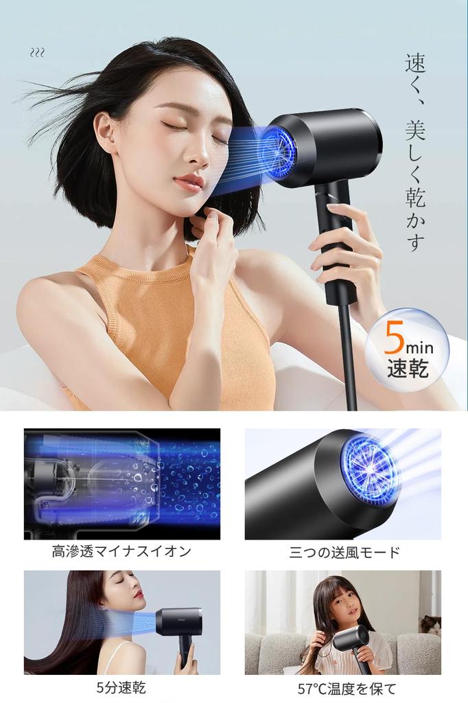 Hair Dryer 1500W Large Air Volume Quick Drying Speed Motor High Concentration Negative High Speed Dryer 3 Level Temperature Adjustable Thermostatic