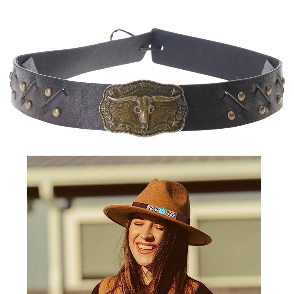 Cowboy Hat Band for Adult with Bull Head Buckle Vintage Ethnic Panama Cap Band for Women Men Fedora Hat Accessories
