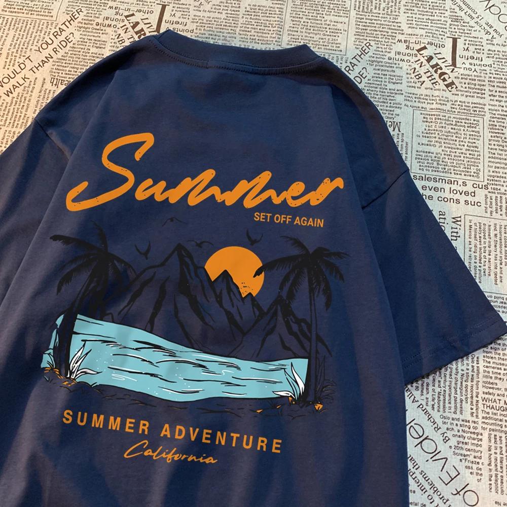 Летнее приключение Закат Кокосовая пальма Горная живописная местность Футболка Мужская Женская Хип-хоп Хлопковые топы Пара Оверсайз Футболки Пара