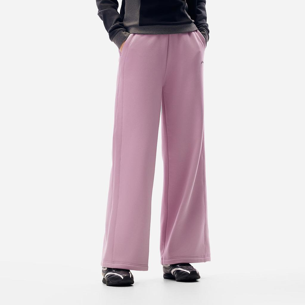 Li Ning Fitness Series Fleece Lined Warm Wide Leg Mid Rise Casual Fashion Knitted Sports Pants Women Bottoms AKLV972-7