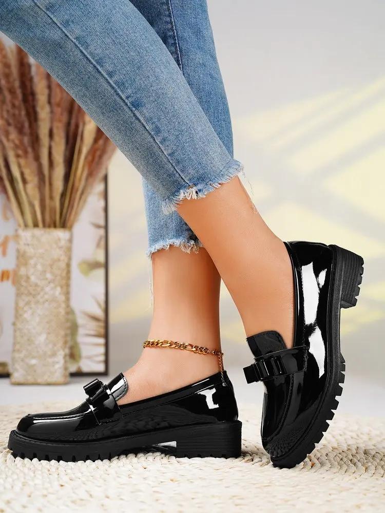 2024 Горячая Распродажа Туфли для женщин Осенние туфли-лодочки женские с круглым носком Твердые туфли-бабочки на толстом каблуке Офисные профессиональные туфли-лодочки