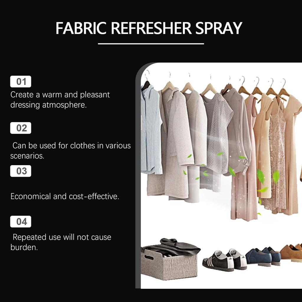 Clothing freshening spray with luxurious long-lasting fragrance removes static electricity and is convenient for on-the-go use