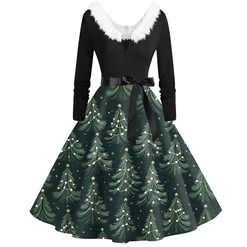 Женская мода с v-образным вырезом, повседневные тонкие рождественские платья с воротником из волос и длинными рукавами с принтом