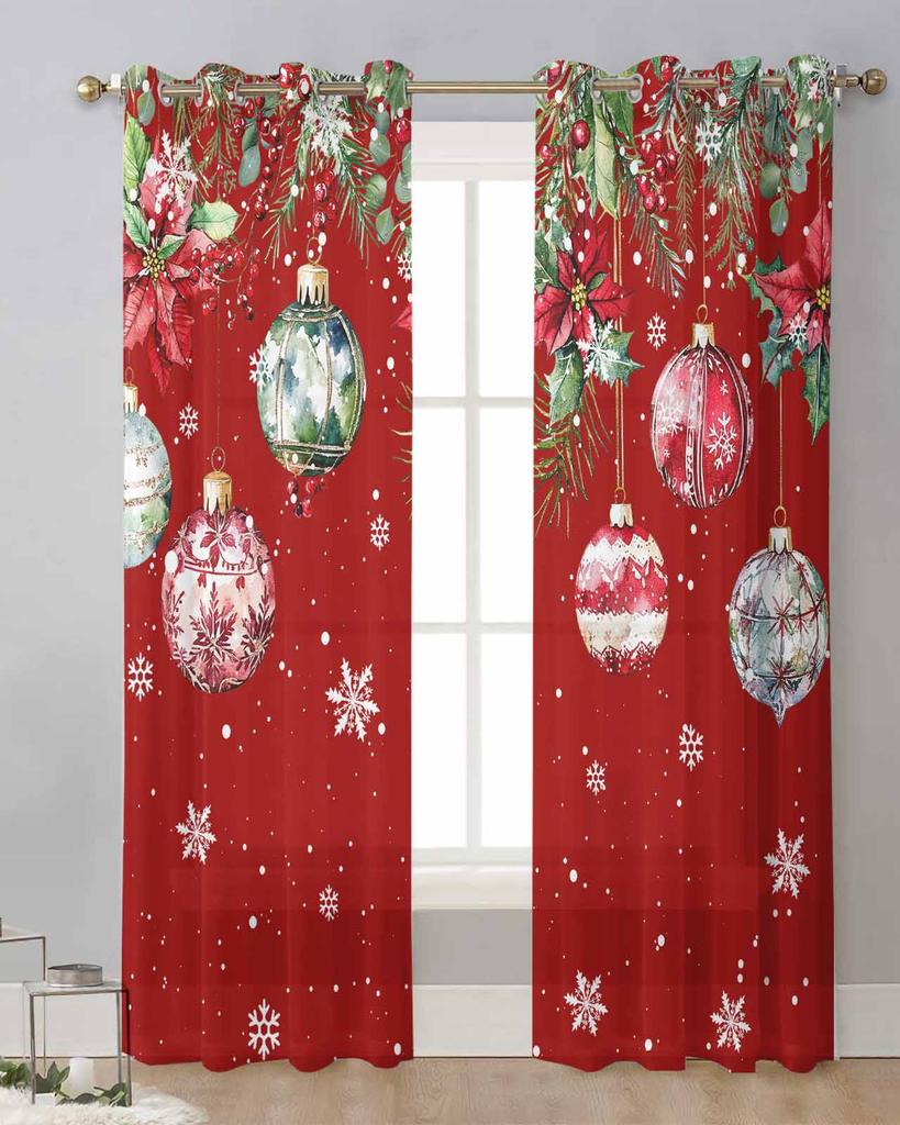 Снежинка Рождественский шар Пуансеттия Красные прозрачные шторы для украшения гостиной Оконные шторы Кухонные шторы из тюля и вуали