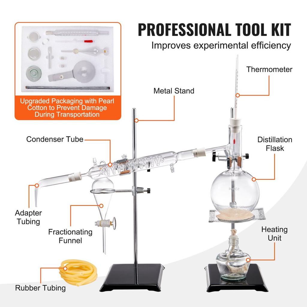 Essential Oil Distillation Kit, 500ml Distillation Apparatus, 3.3 Boro Lab Glassware Distillation Kit with Alcohol Lamp, Ceramic Mesh and 24, 40