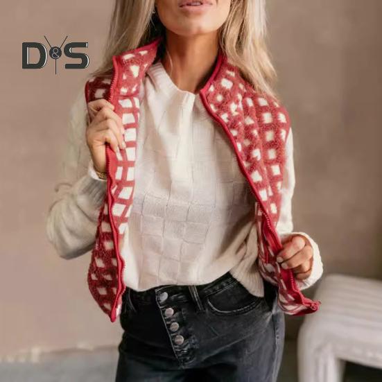 Women Vest Jacket Stand-up Collar Contrast Color Sleeveless Checked Pattern Cardigan Waistcoat Zipper Closure Daily Outdoor Outerwear