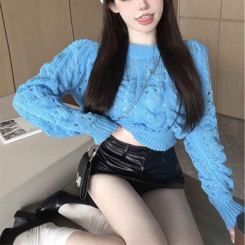 French Autumn Sweater Women's Solid Color Round Neck Hollow Knit Sweater Bubble Sleeve Knit Sweater Top Casual Knit Sweater