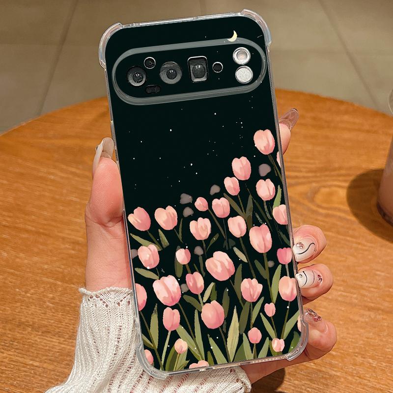 Черный Цветочный Узор Розы Чехол Для Google Pixel 9 Pro XL 9A Ударопрочный ТПУ Силикон Прозрачный Мягкий Чехол