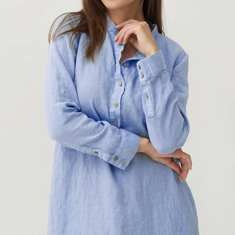 Luxurious Women's Kaftan Cotton Long Sleeve Plain Casual Oversized Maxi Shirt Dress