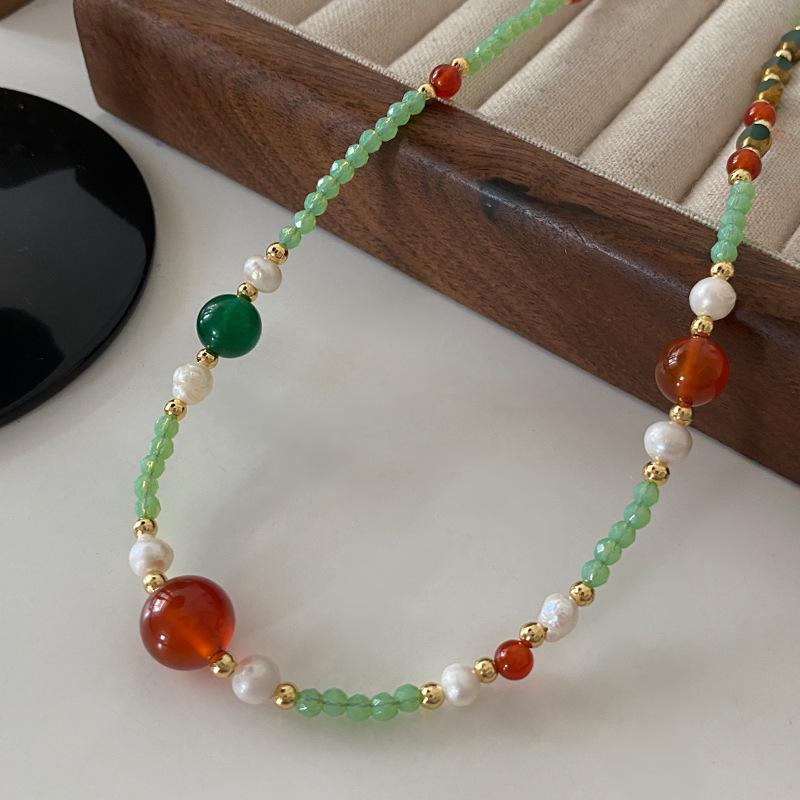 Цепочка на ключицу из дофамина, цветной натуральный камень, бисер, красный агат, жемчуг, летнее пресноводное высококачественное ожерелье для свитера для женщин