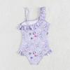 Цельный купальник для девочек-подростков 5-14 лет, купальный костюм с цветочным принтом и оборками и рукавами-крылышками, летняя пляжная одежда фиолетового цвета для девочек
