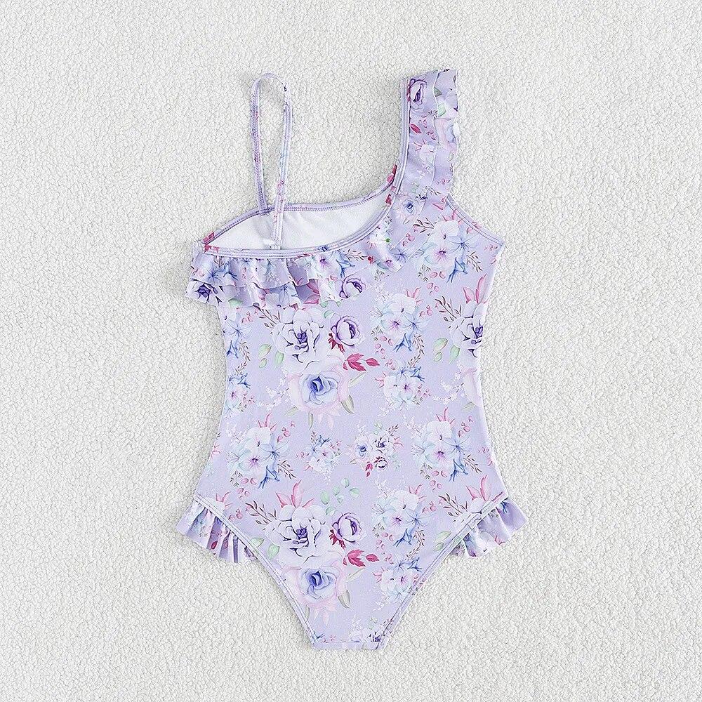 Цельный купальник для девочек-подростков 5-14 лет, купальный костюм с цветочным принтом и оборками и рукавами-крылышками, летняя пляжная одежда фиолетового цвета для девочек