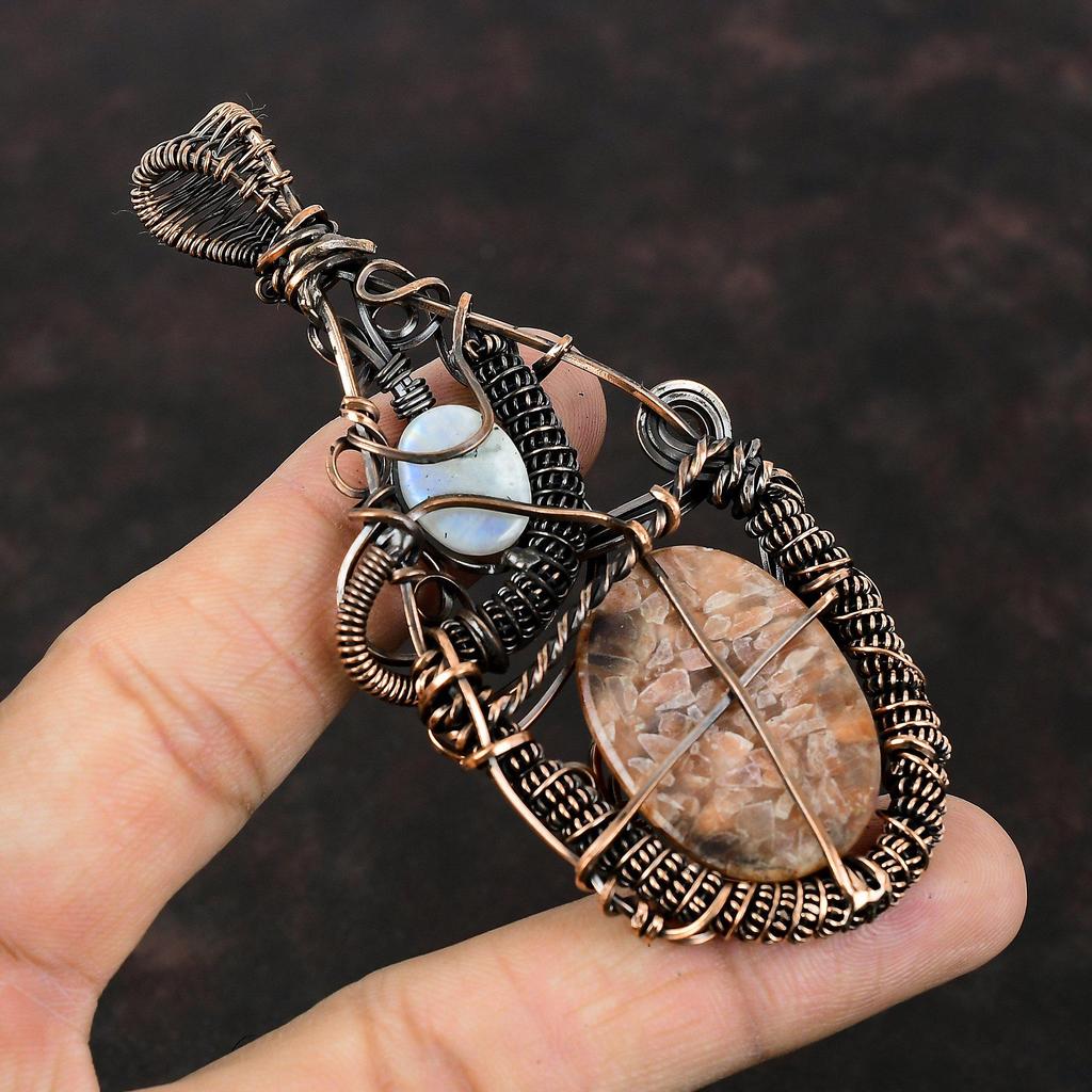 Подвеска Sunstone, медная проволочная обертка, подвеска Rainbow Moonstone, подвеска из драгоценного камня ручной работы, медные украшения, подарок для мамы, антикварные украшения