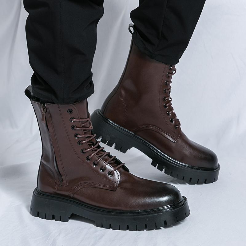 Men PU Solid Color Thick Soled Round Toe High Top Lace Up Motorcycle Cowboy Boots Fashionable Comfortable Men Boots