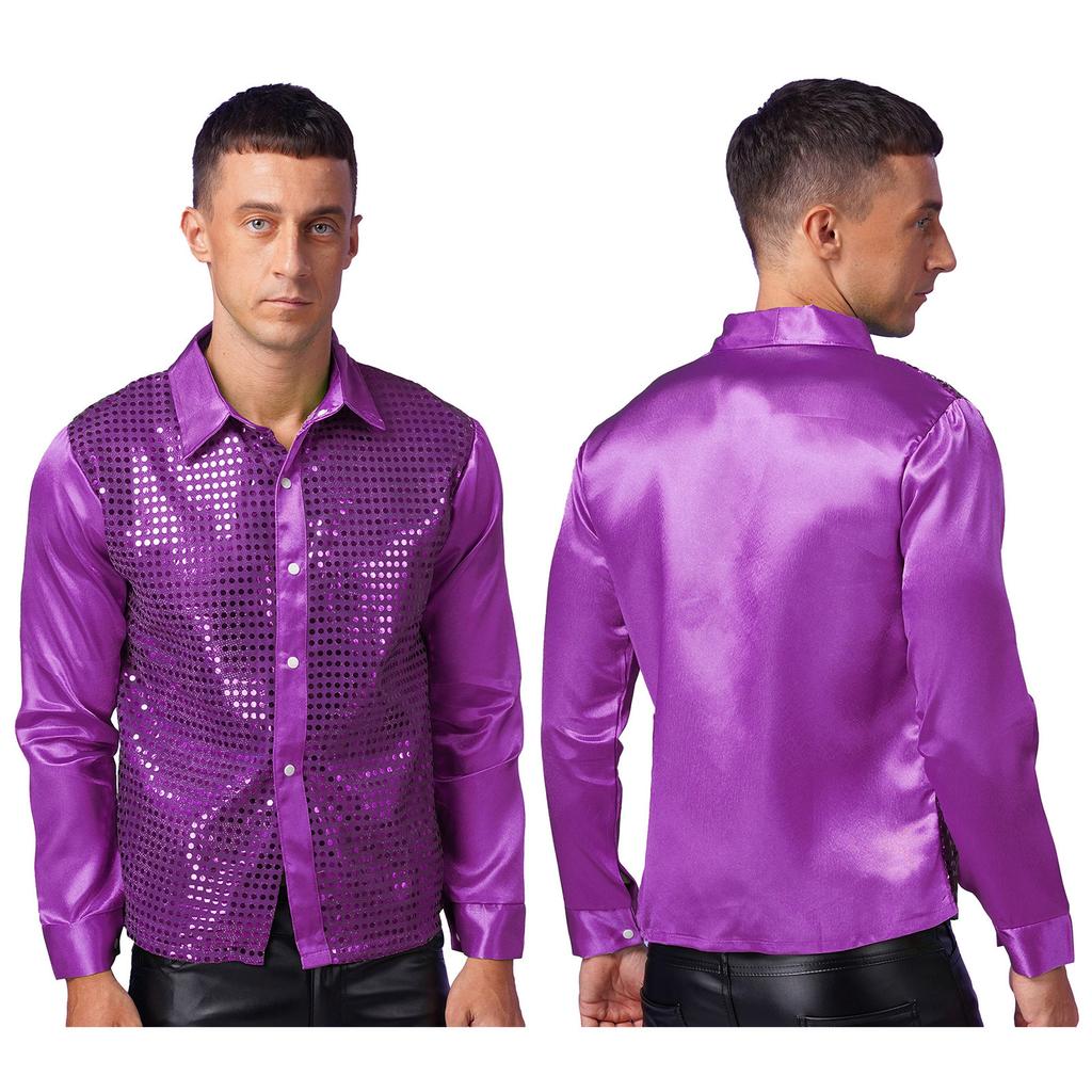 Men’s Stage Performance Sequined Shirt Turn-Down Collar Long Sleeve Patchwork Sparkly Top for Latin Jazz Dance Practice