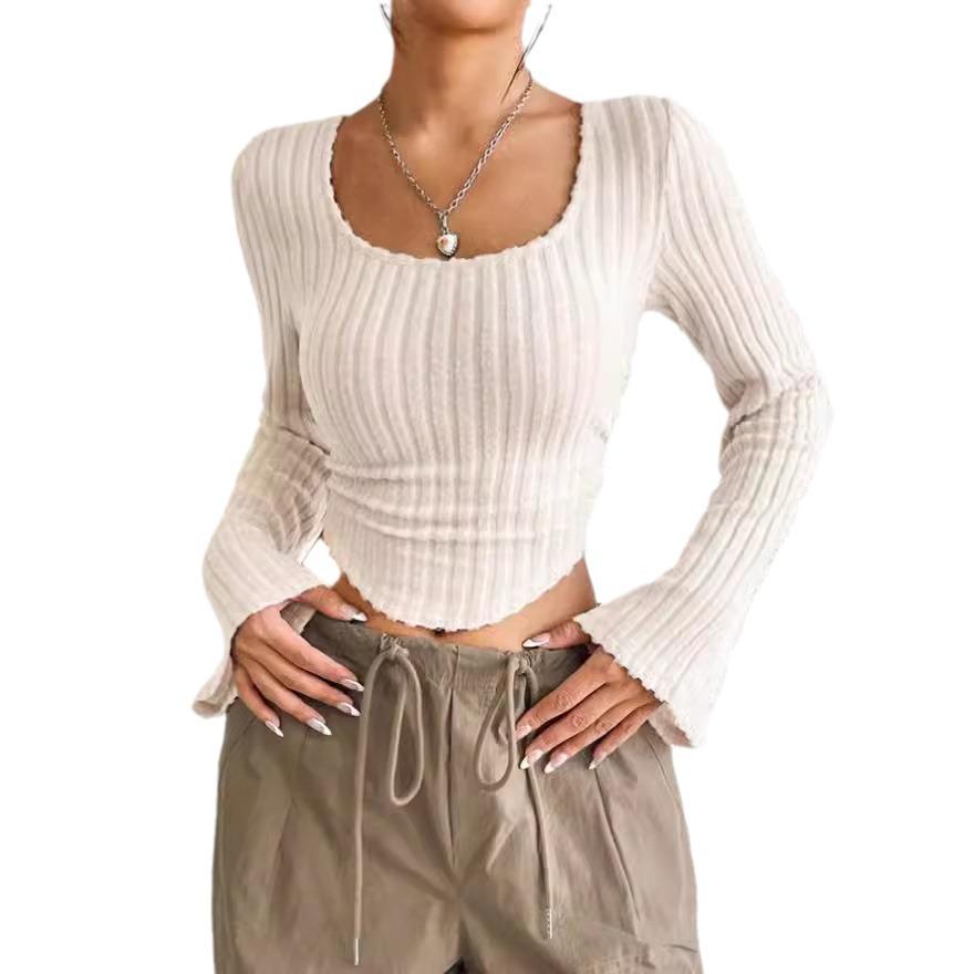 Женская футболка с квадратным вырезом, рубчик, расклешенная, с длинным рукавом, весна/лето 2024